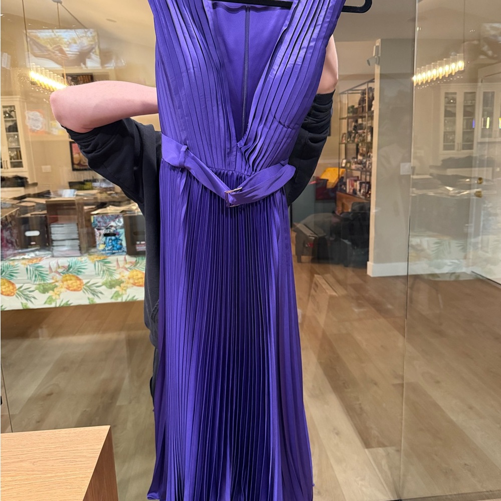 Mac Duggal Elegant Purple Pleated Midi Dress Satin Size 12 Belted